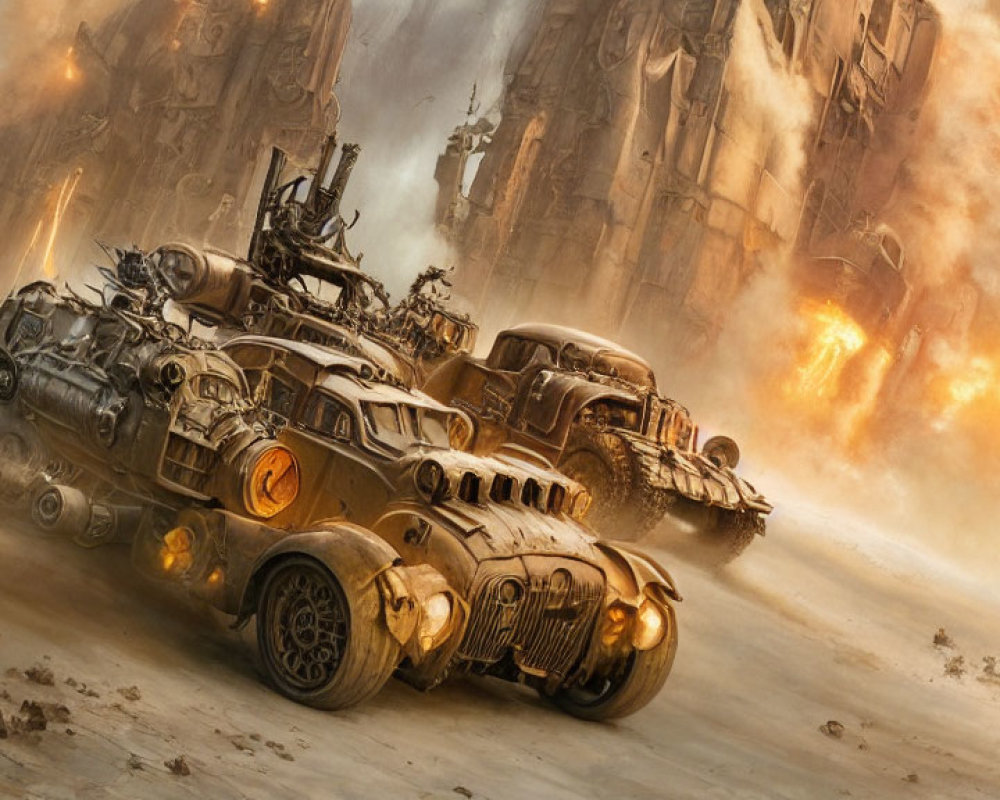 Post-apocalyptic convoy races through desert with explosion