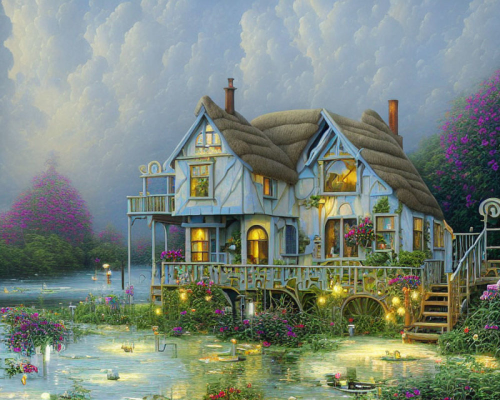 Cozy Cottage by Waterway with Lush Flora and Warm Lights