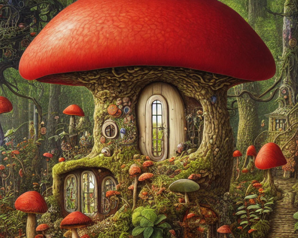 Illustration of whimsical tree stump house in forest