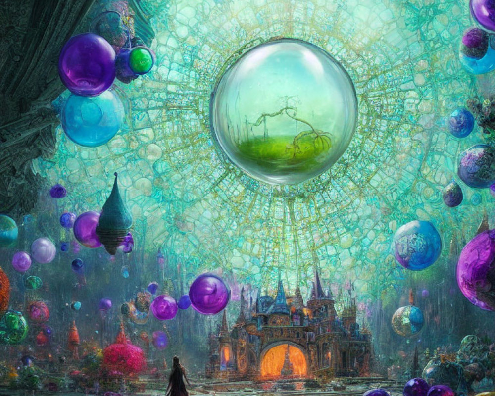 Person in red cloak in ornate hall with floating colorful spheres and castle-like structure.