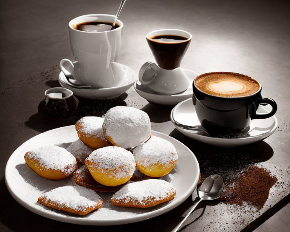 Three Coffee Cups, Spoon, Powdered Pastries, Coffee Beans on Table