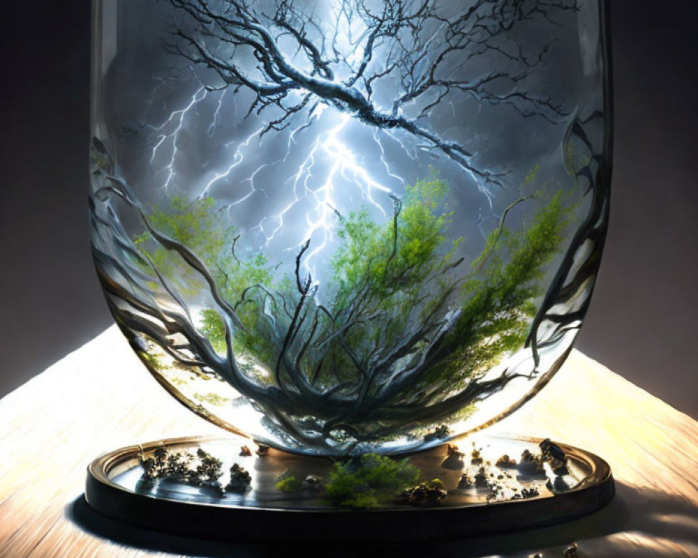 Glass sculpture of tree with lightning backdrop