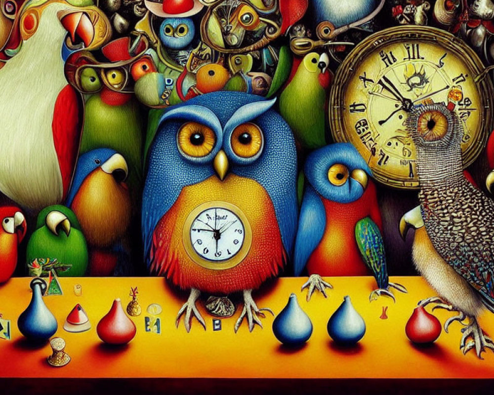 Colorful owl, parrots, clocks, feathers & musical notes in whimsical artwork