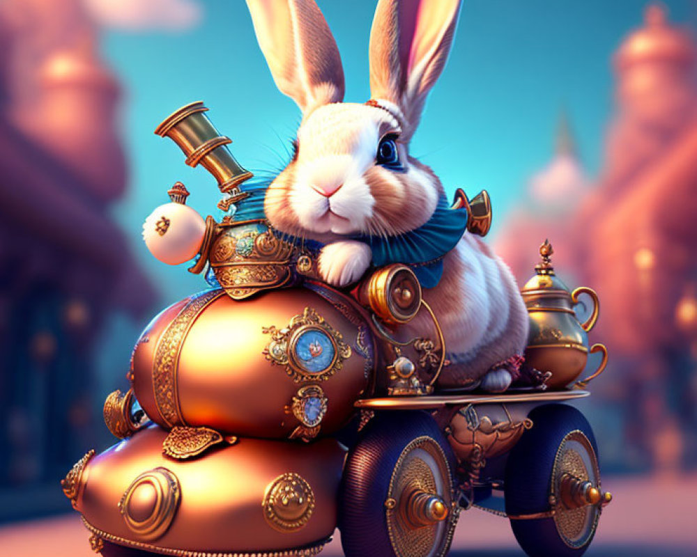 Whimsical 3D rabbit on steampunk vehicle in fantasy scene