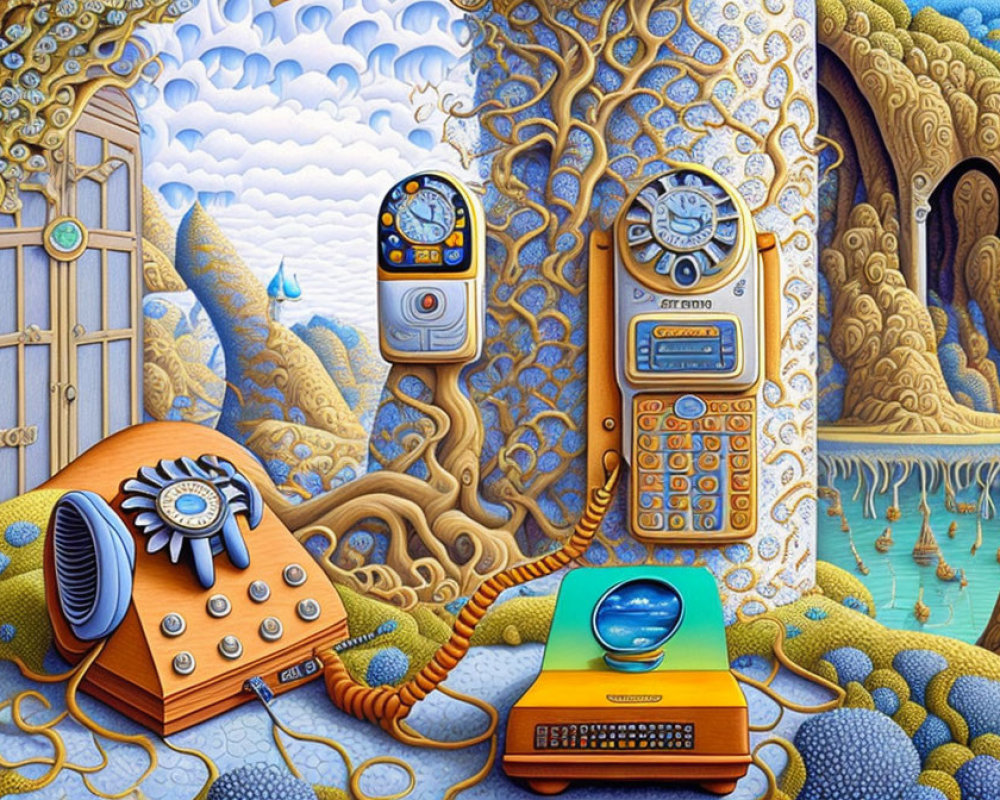 Surreal artwork: vintage telephones, blue clouds, wavy trees, water, intricate patterns