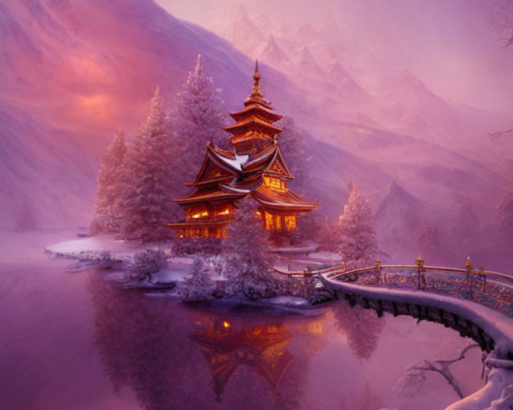 Traditional Pagoda Illuminated by Lake in Snowy Twilight