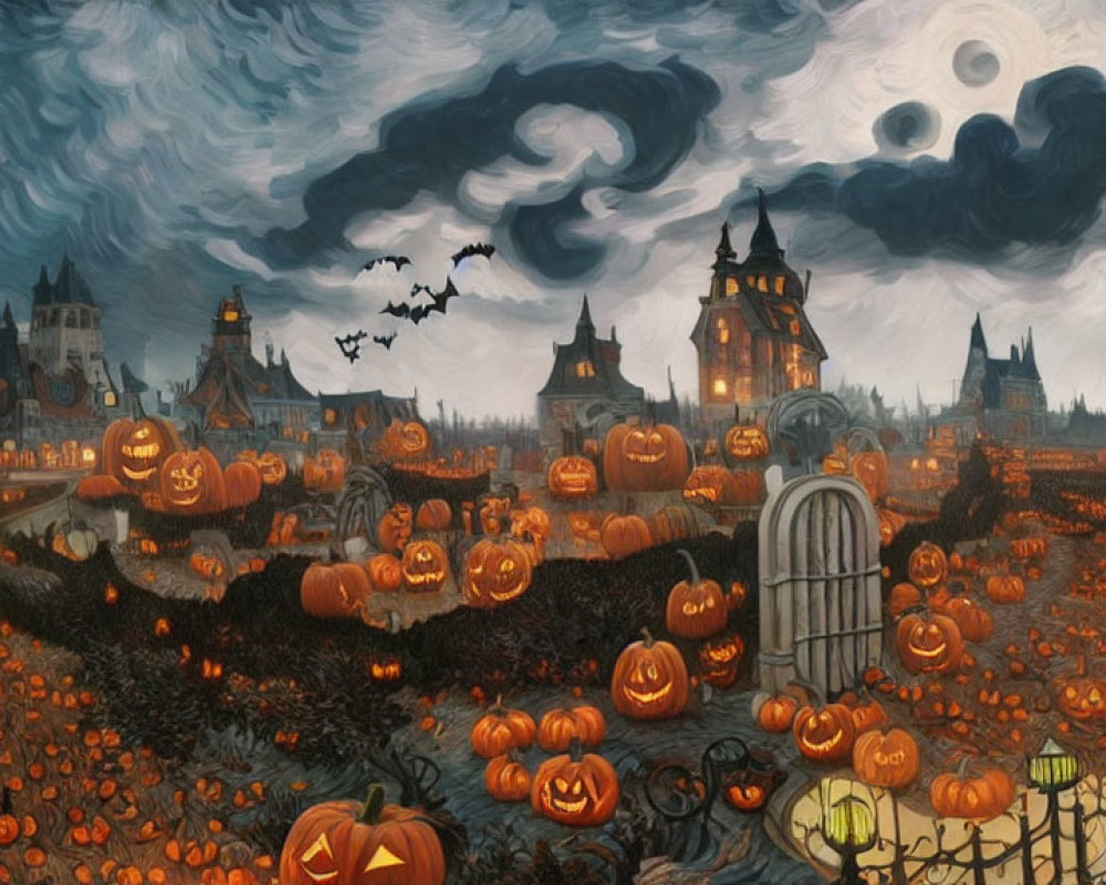 Spooky Halloween landscape with carved pumpkins, ghostly sky, bats, gate, and eerie buildings