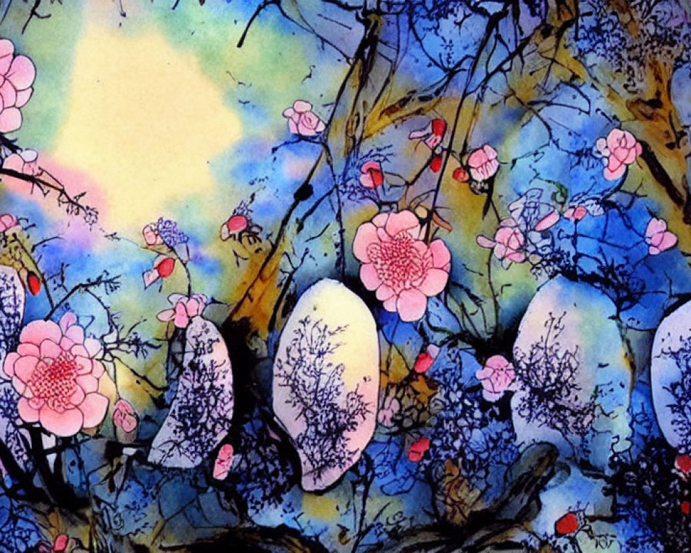 Colorful Watercolor Painting of Pink Blossoms on Dark Branches in Whimsical Setting