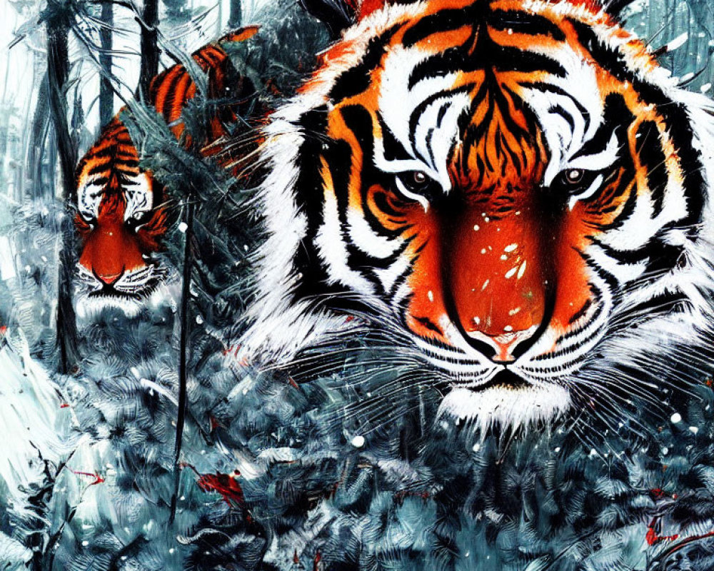 Two Striking Tigers in Snowy Forest Landscape