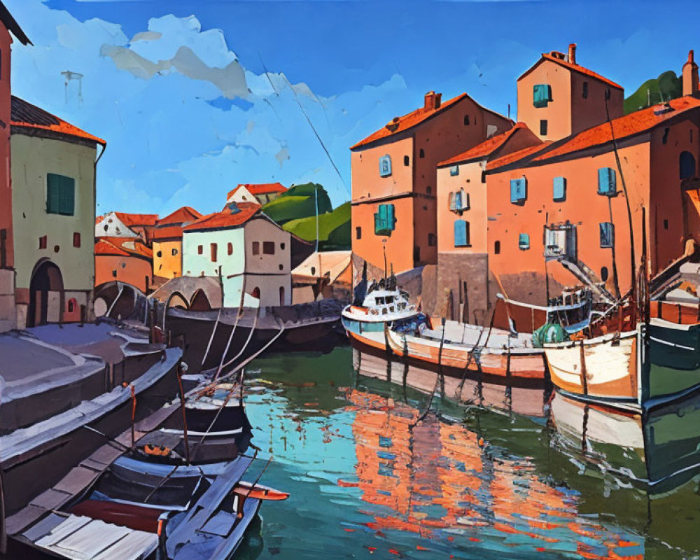 Vibrant painting of boats in European harbor