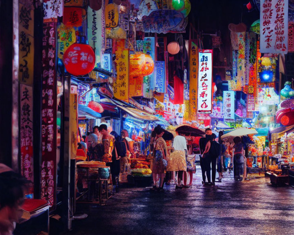 Vibrant Night Market Scene with Lanterns and Stalls