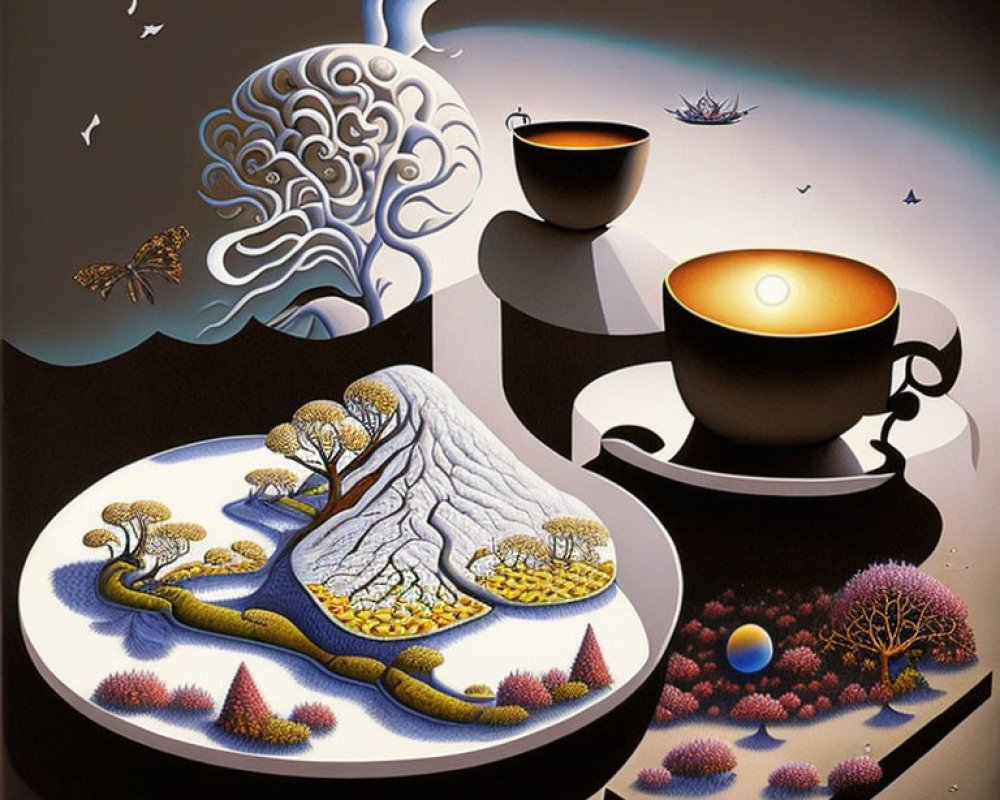 Surreal Landscape Breakfast Scene with Steaming Brain and Butterflies