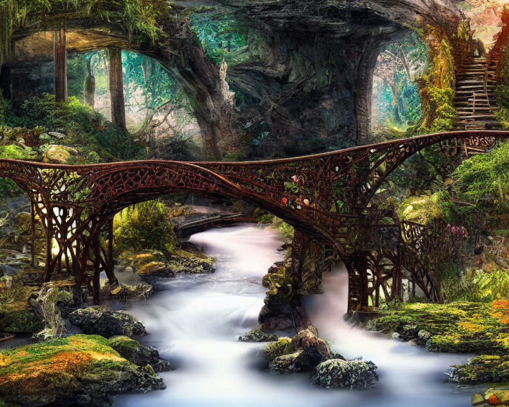 Enchanting forest landscape with river, bridge, staircase, and archway