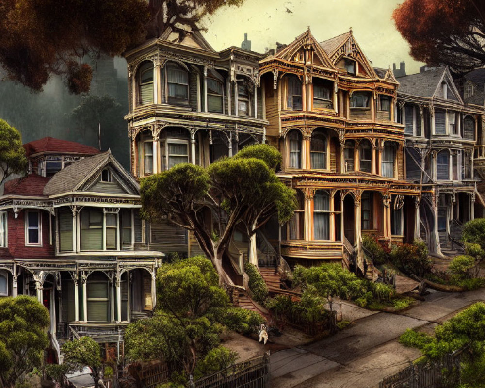 Victorian houses on tree-lined street with fog and pedestrians.