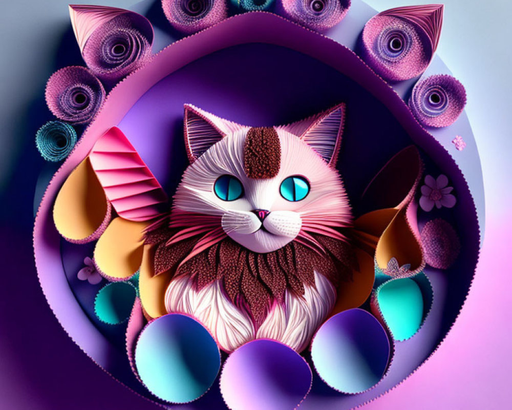 Colorful Stylized Cat Artwork with Abstract Shapes on Purple Background