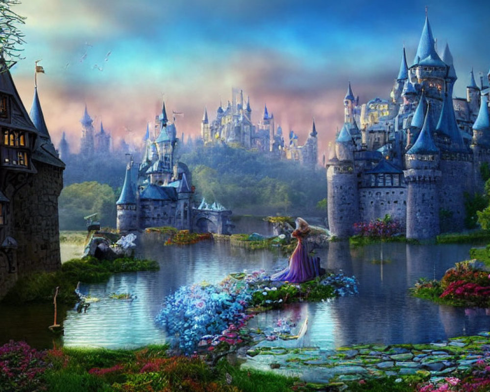 Woman by pond in fantastical landscape with opulent castles, lush greenery, and colorful sky