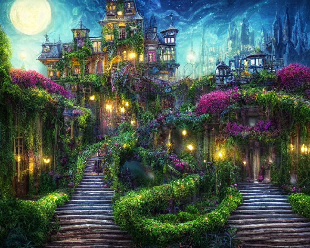 Enchanted overgrown mansion at night with glowing lanterns