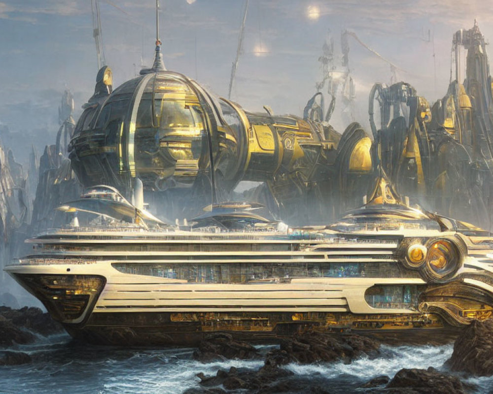 Golden Futuristic Cityscape with Spaceship, Misty Waters, and Glowing Sky