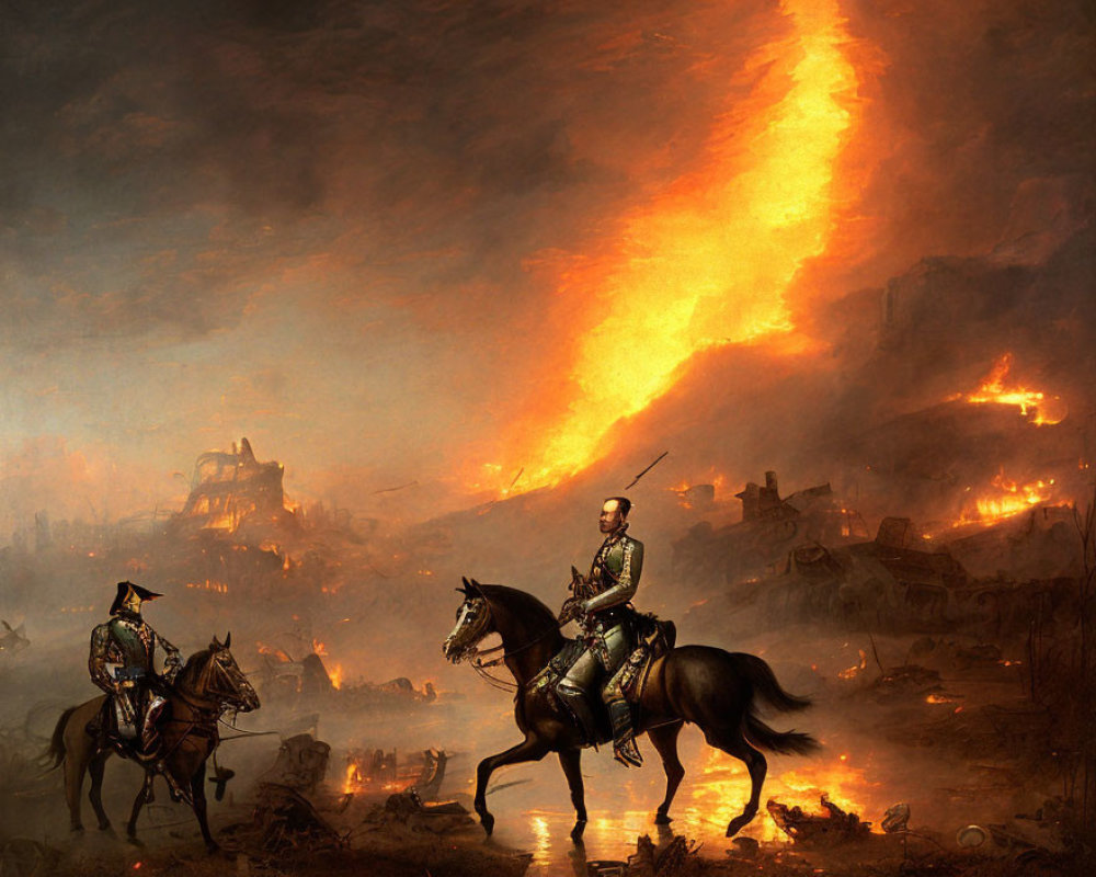 Military soldiers on horseback overlooking burning cityscape.