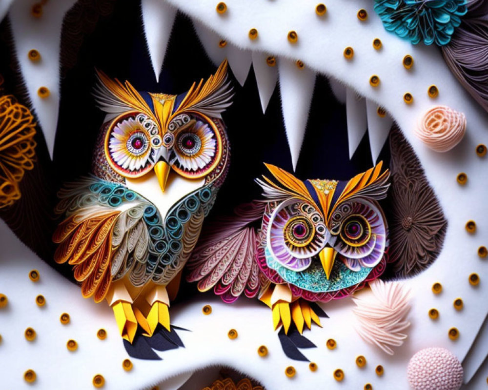 Colorful Paper Art Owls Perched on Branch with Flowers and Zigzag Background