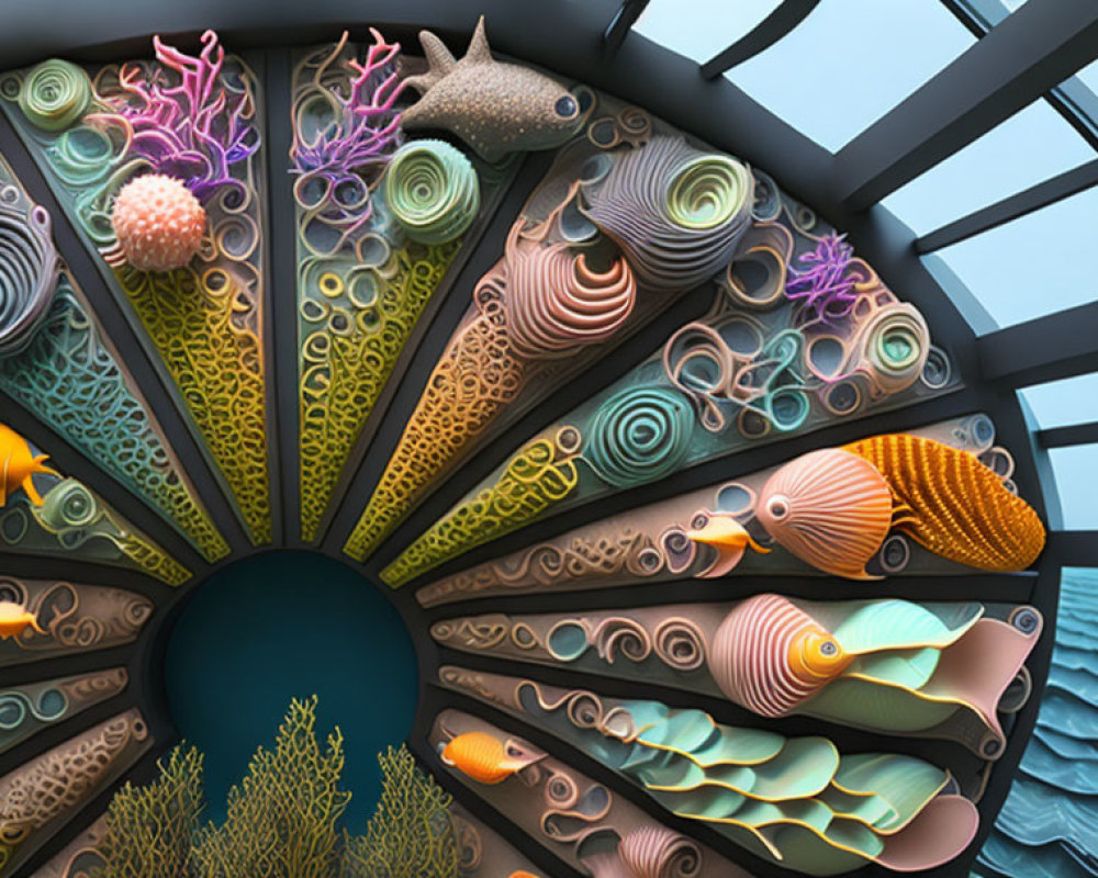 Vibrant sea creatures and coral in stylized wall art against geometric skylight backdrop