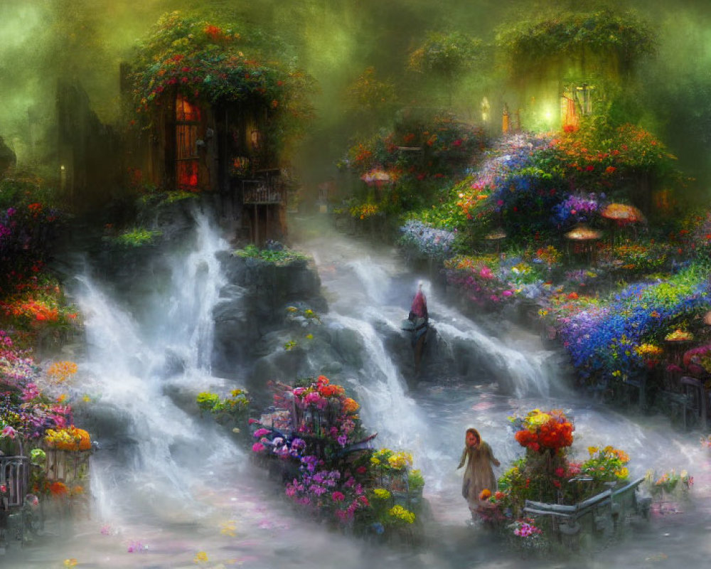 Enchanting garden with vibrant flowers, waterfalls, and figures in golden light