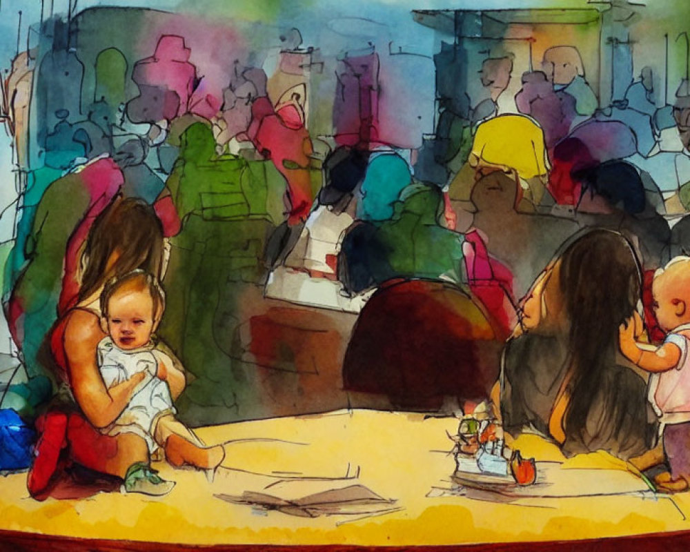 Colorful Watercolor Painting of Bustling Cafe Scene with People and Abstract Shapes