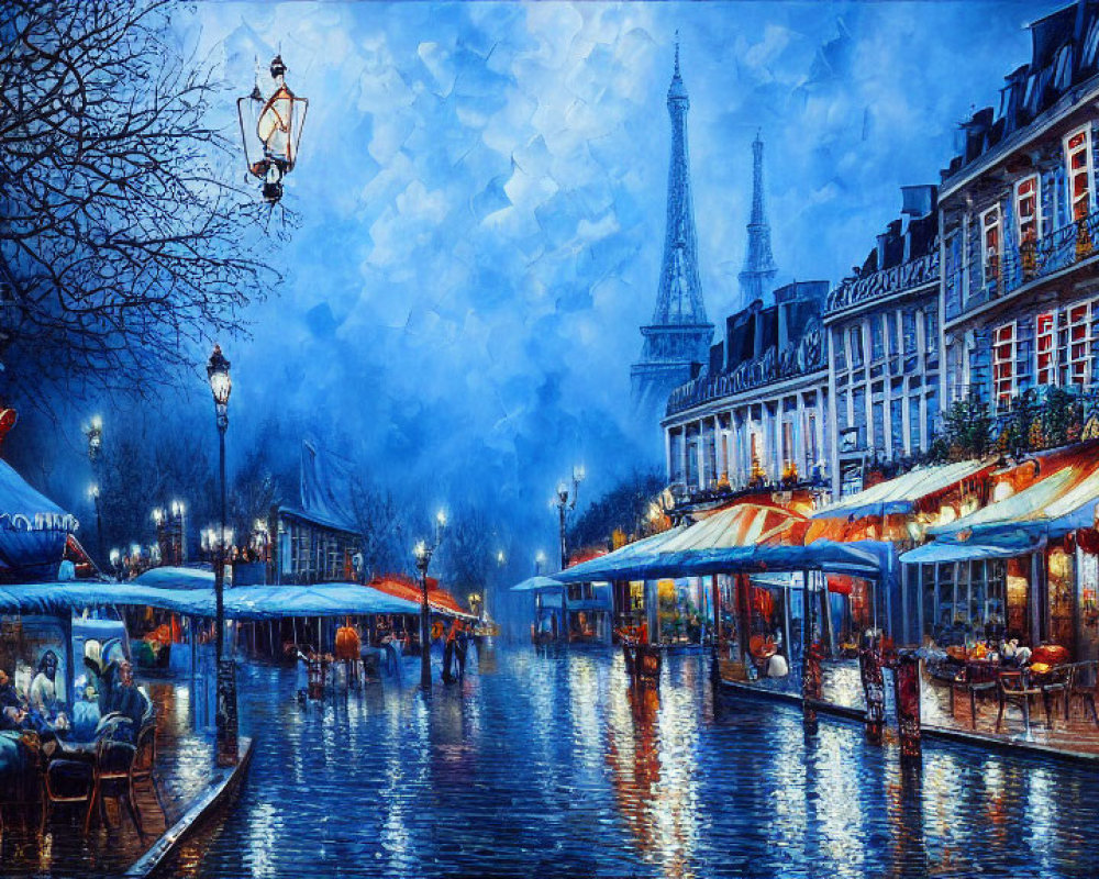 Vibrant painting of Paris evening: street-side cafes, wet cobblestone, Eiffel