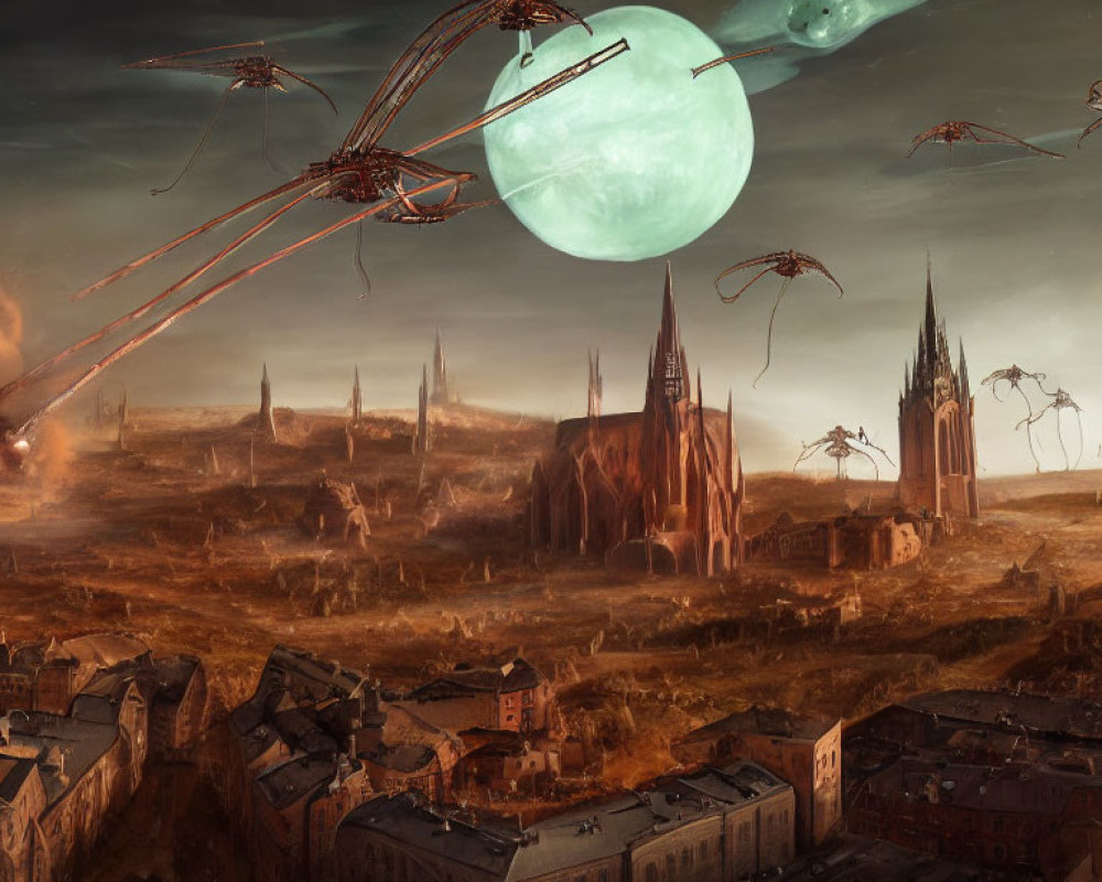 Dystopian landscape with alien tripods and eerie green moons