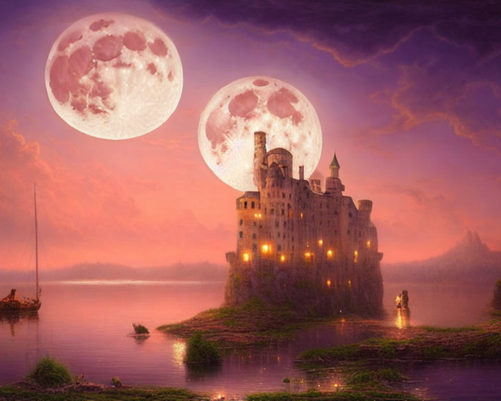 Castle on Islet with Lit Windows at Dusk and Two Moons