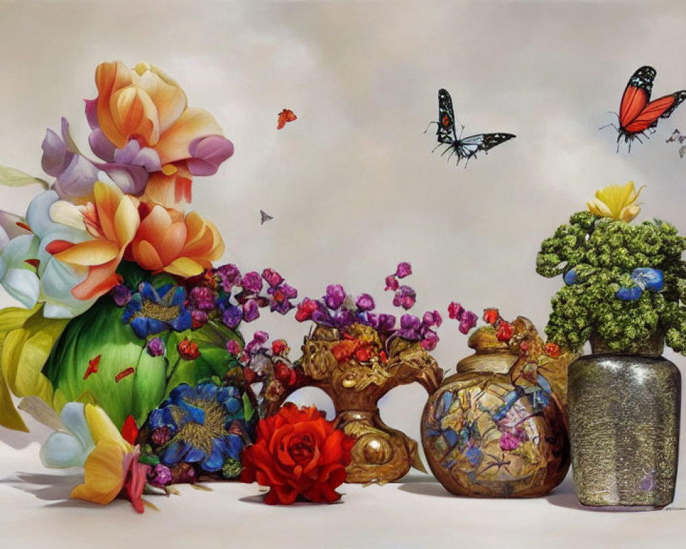 Colorful Flowers in Vases with Butterflies on Neutral Background