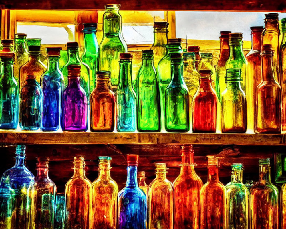 Vibrant glass bottles on shelves with sunlight creating stained-glass effect