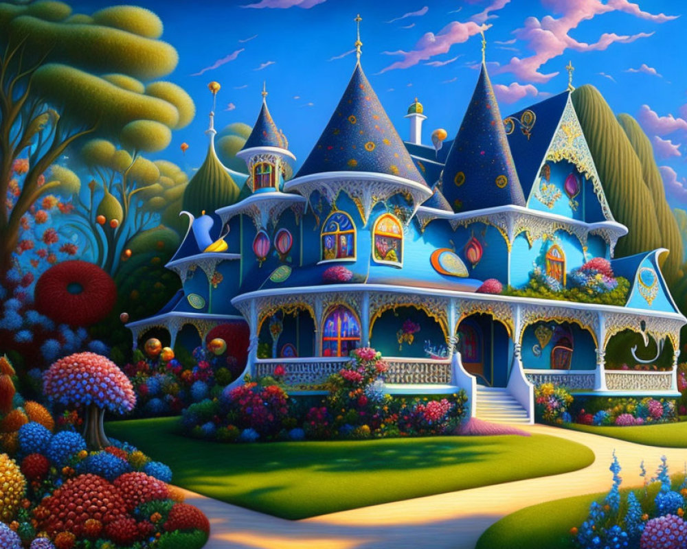 Vibrant castle-like house illustration in magical garden