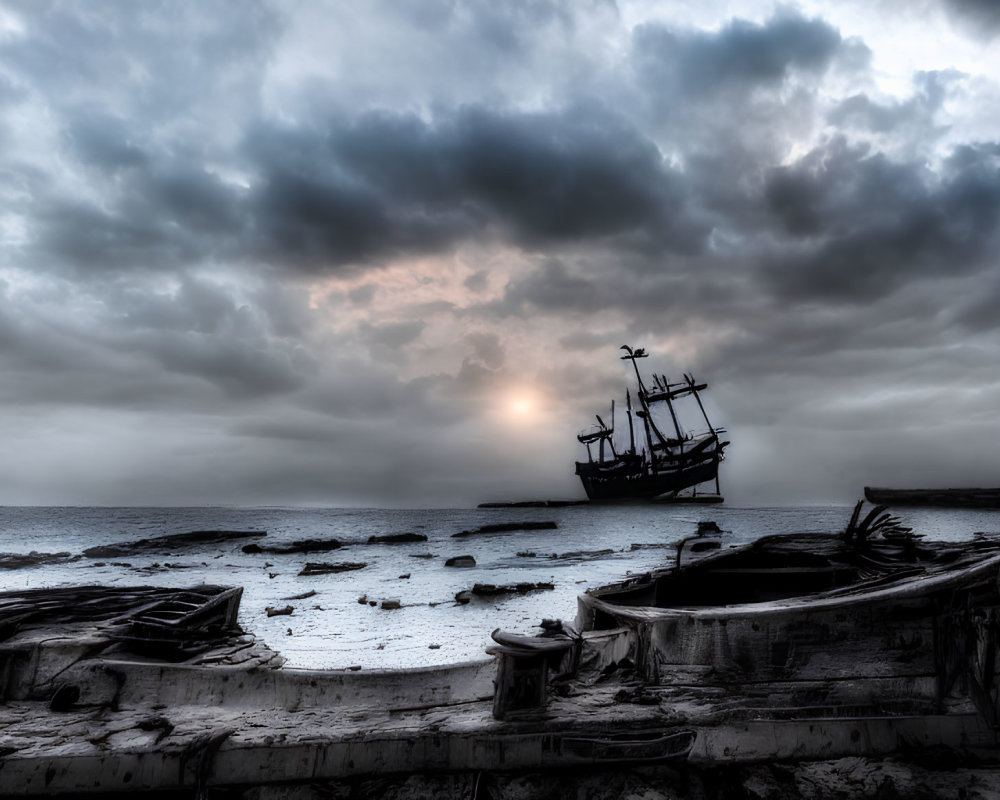 Ship silhouette against sunset sky with wreckage and soft sun glow