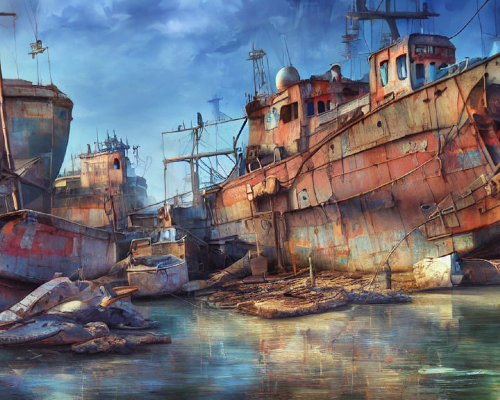 Abandoned Shipyard with Rusted Ships and Debris