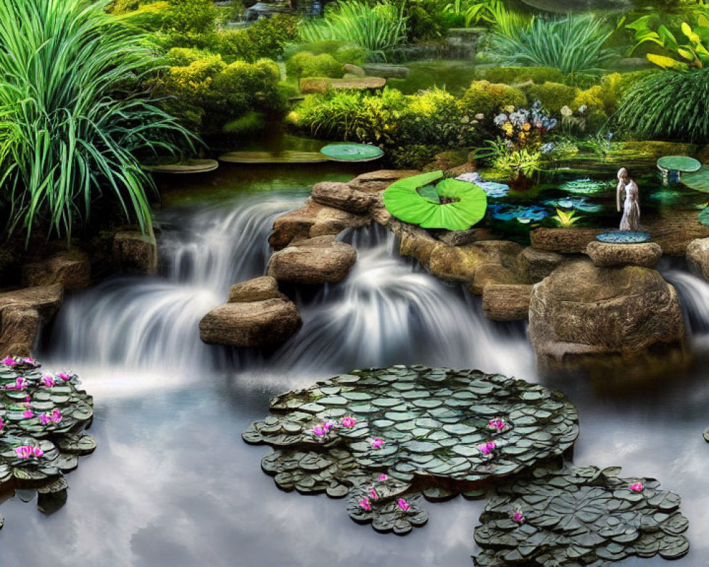 Tranquil garden pond with lush greenery and waterfall