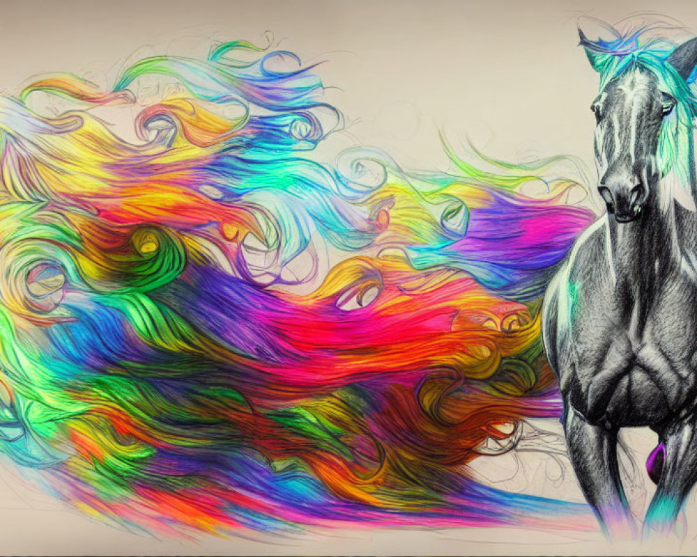 Vibrant multicolored mane and tail on a black horse against neutral backdrop