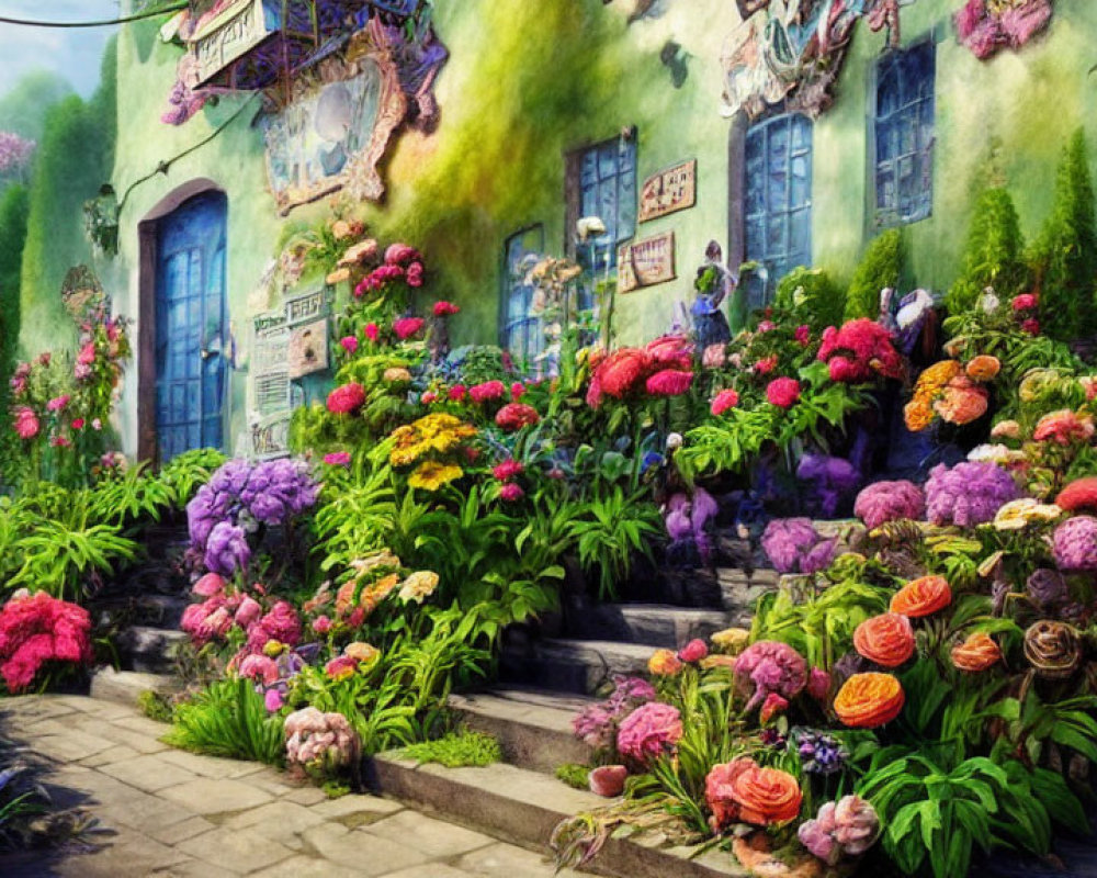 Colorful Flowers and Stone Steps Leading to Quaint Buildings in a Vibrant Garden