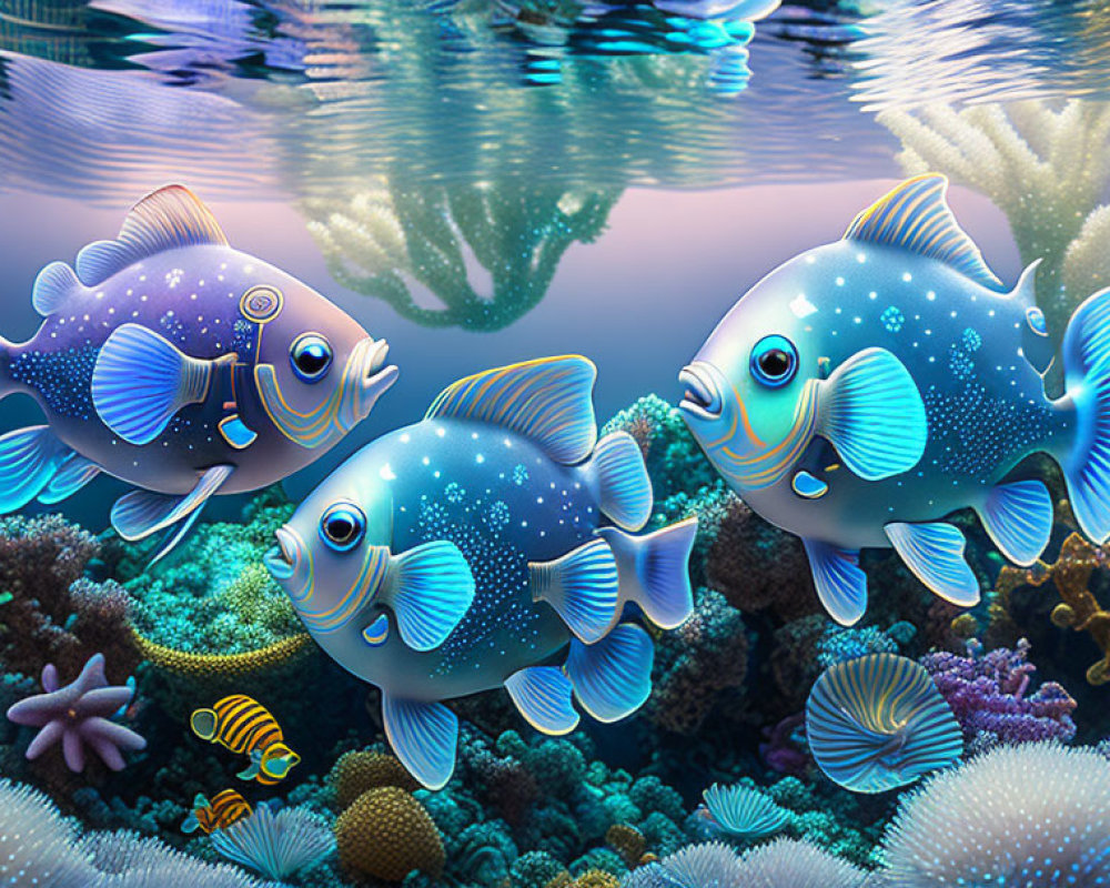 Vibrant Cartoon Fish Swimming by Coral Reef in Colorful Illustration