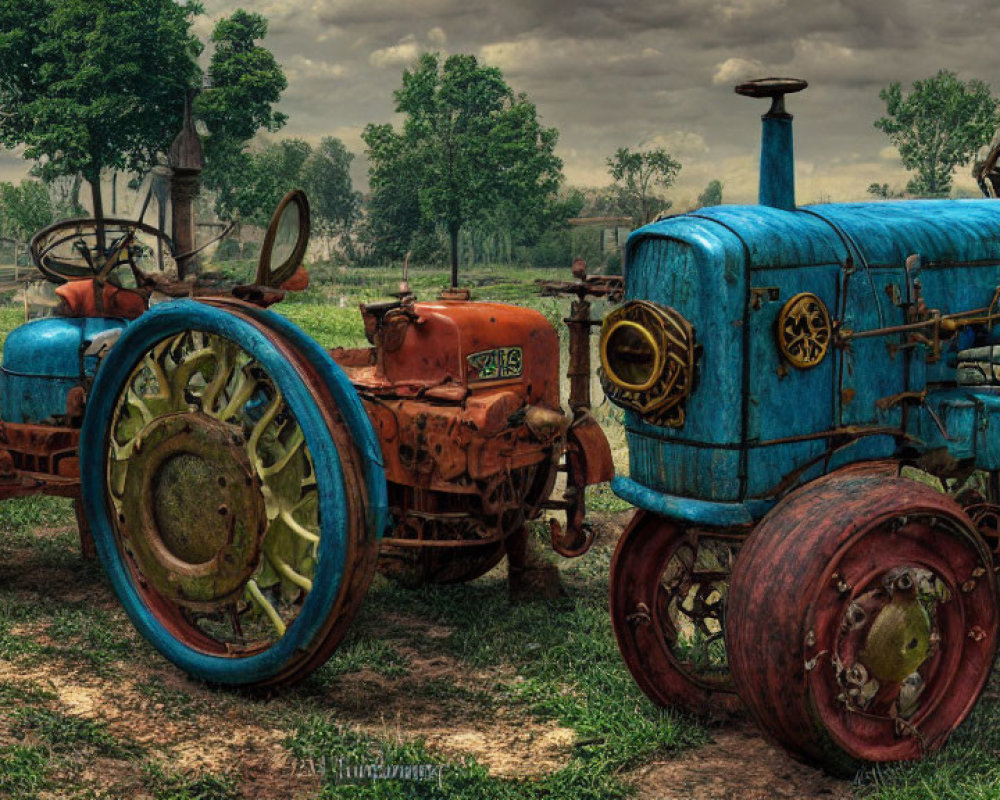 Vintage tractors and old factory with rusty textures in field.