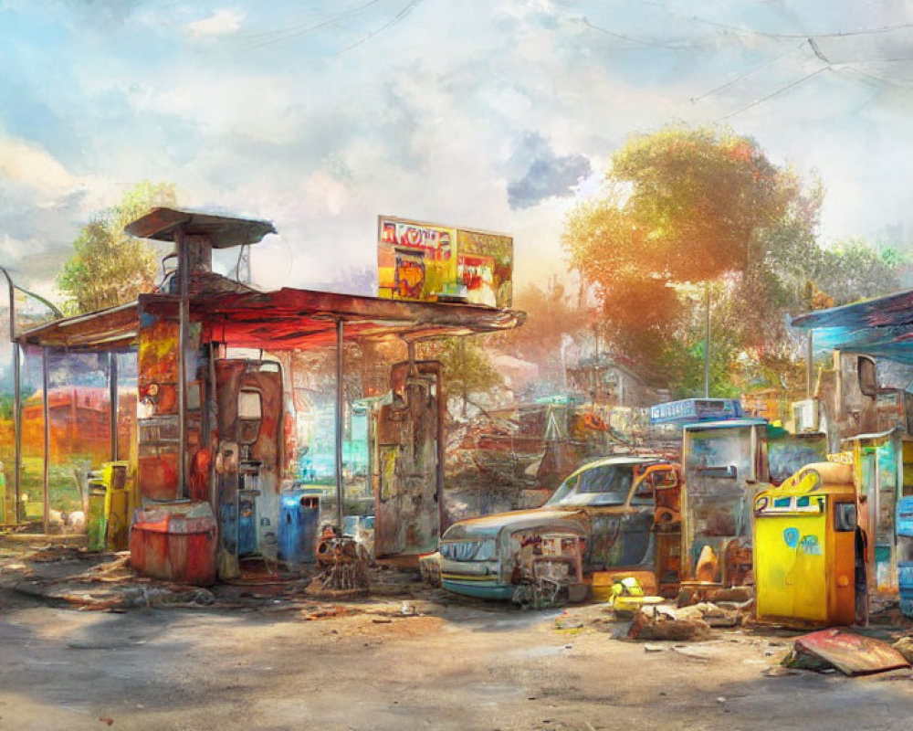 Abandoned gas station with vintage pumps and cars amid dilapidated surroundings