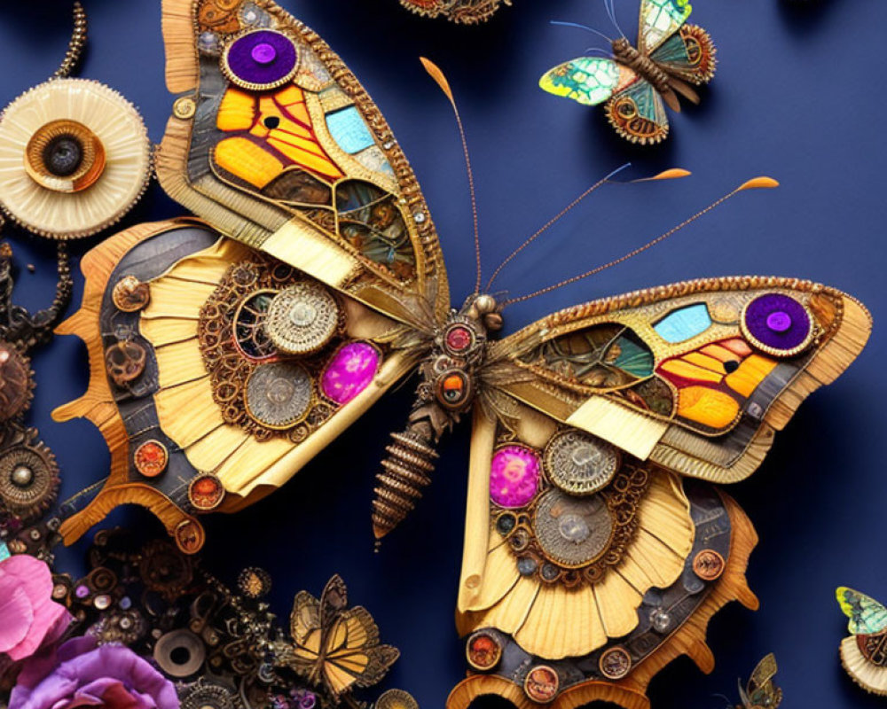 Mechanical gear and jewel butterfly artwork among flowers on dark backdrop