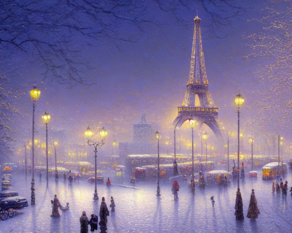 Snowy Evening Scene: Eiffel Tower, Street Lamps, Pedestrians