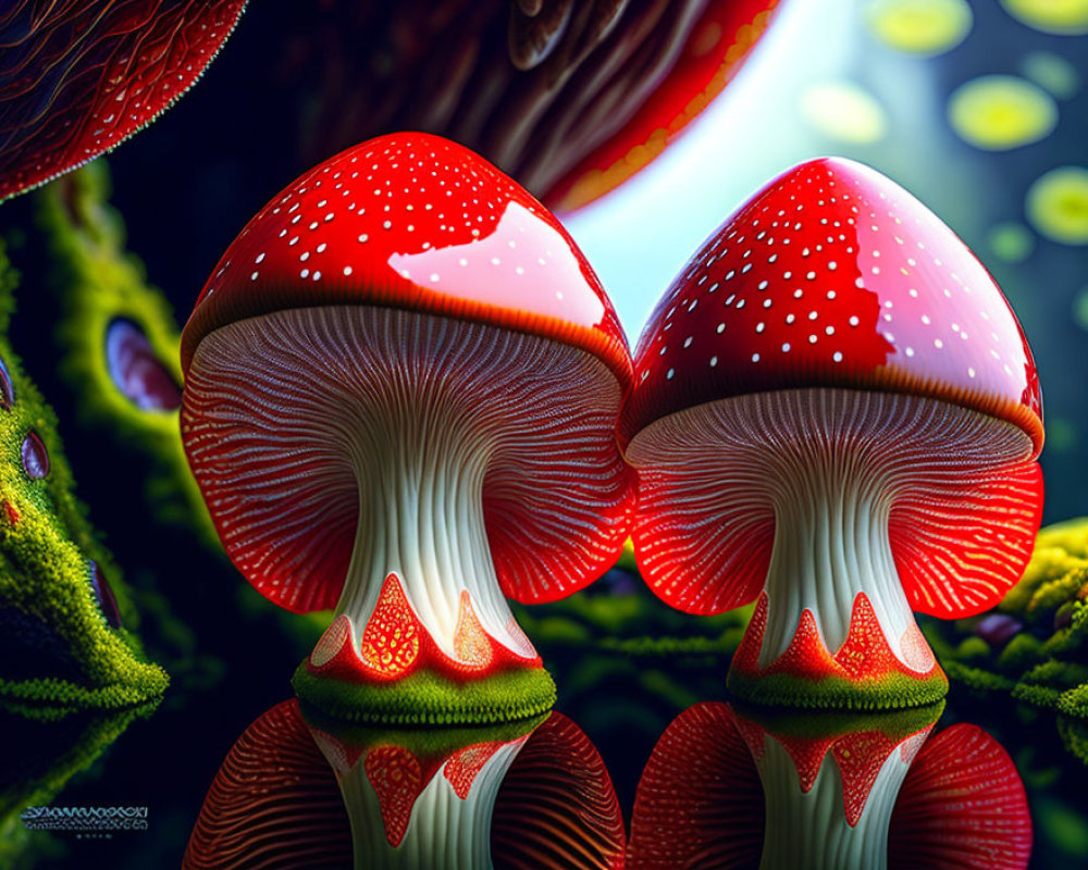 Vibrant red and white spotted mushrooms in surreal botanical setting