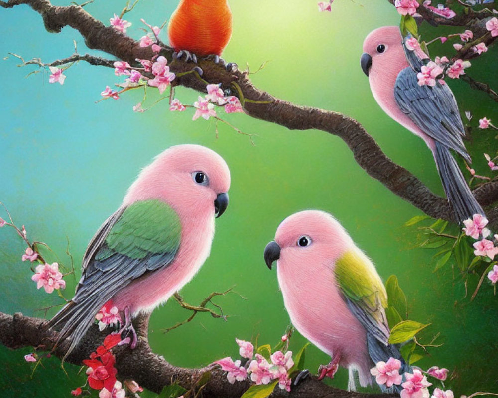 Colorful Parrots on Blooming Branch with Pink Flowers and Green Background