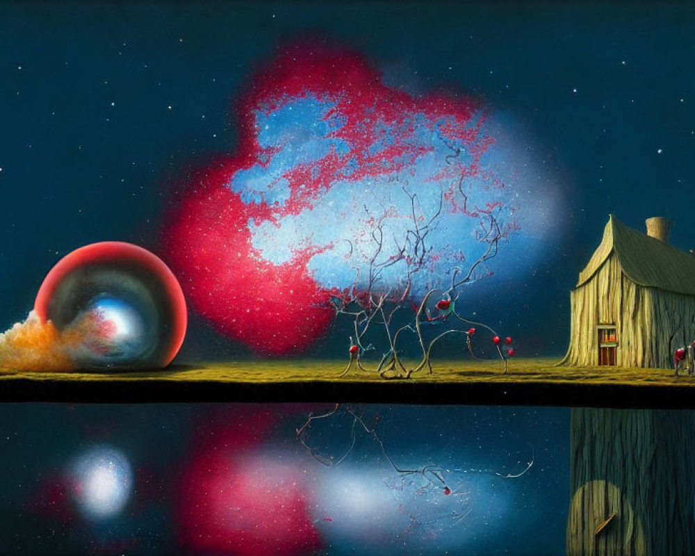 Surreal floating island with wooden house, red spheres, nebula sky, and transparent orb landscape