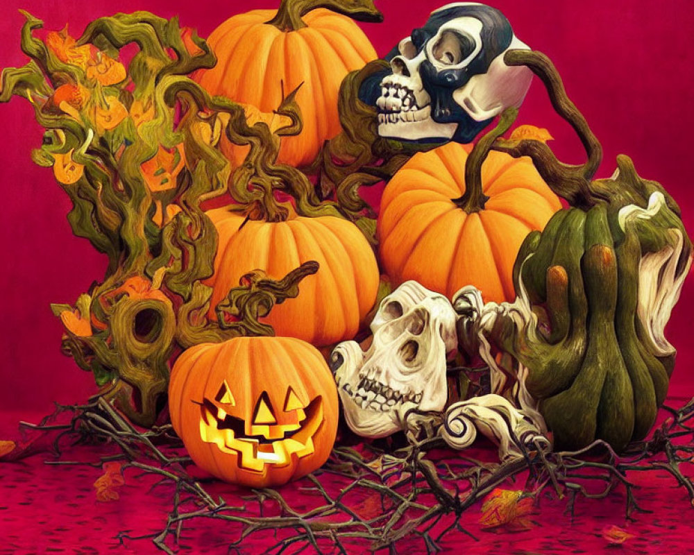 Spooky Halloween still life with pumpkins, skull, and greenery on red background