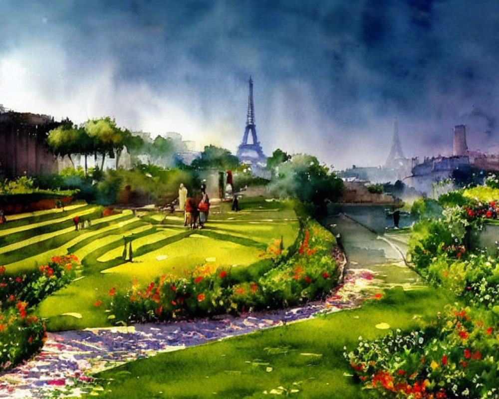 Vibrant watercolor painting of garden with Eiffel Tower and flowers