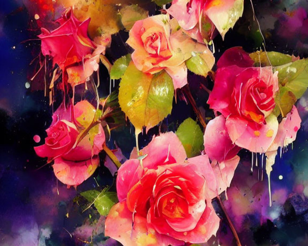 Colorful Watercolor Painting of Pink Roses on Cosmic Background