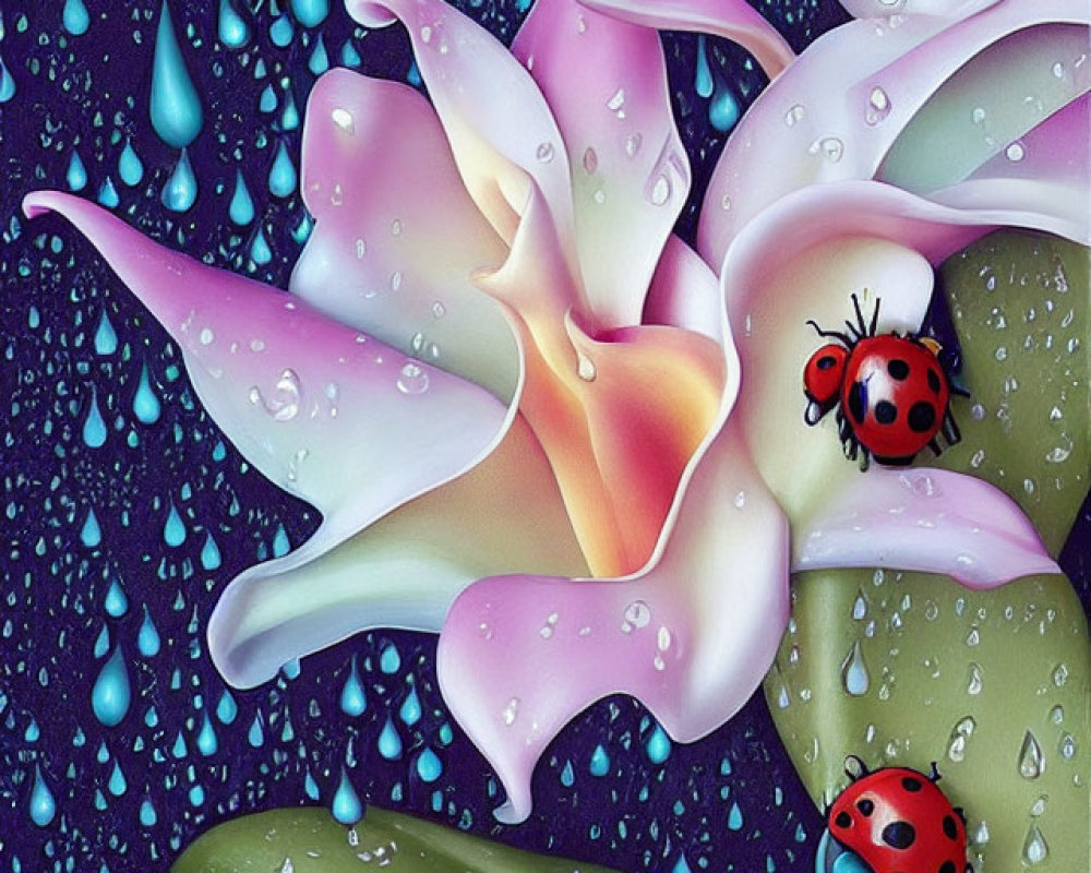 Vibrantly Colored Flowers with Ladybugs and Water Droplets